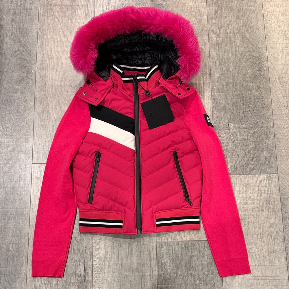 Moose Knuckles Hot Pink Quilted Puffer Jacket with Faux Fur Hood Trim